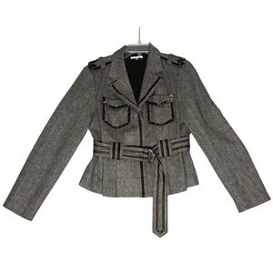 Military Style Wool Jacket w Velvet Trim Utility Chic Size L Tailored Wool